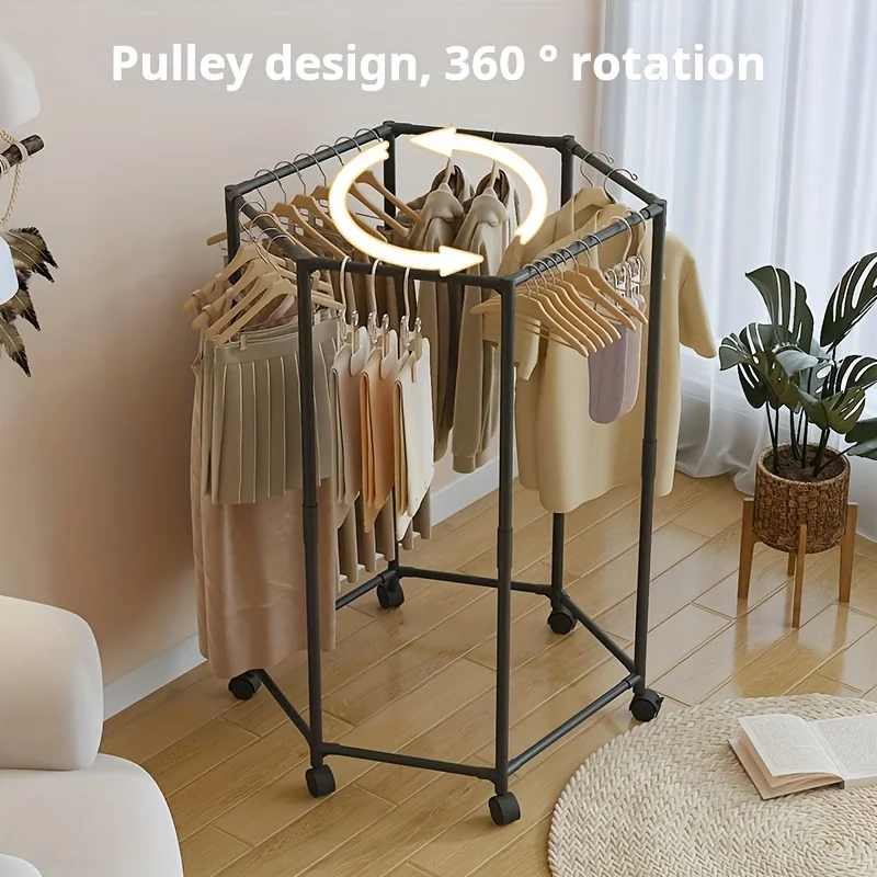 Rotierender Kleiderständer mit sechseckigem 360° °   Drehbarer Kleiderbügel, robuster, freistehender Kleiderständer mit Rollen, vertikaler Organizer mit Fassungsvermögen