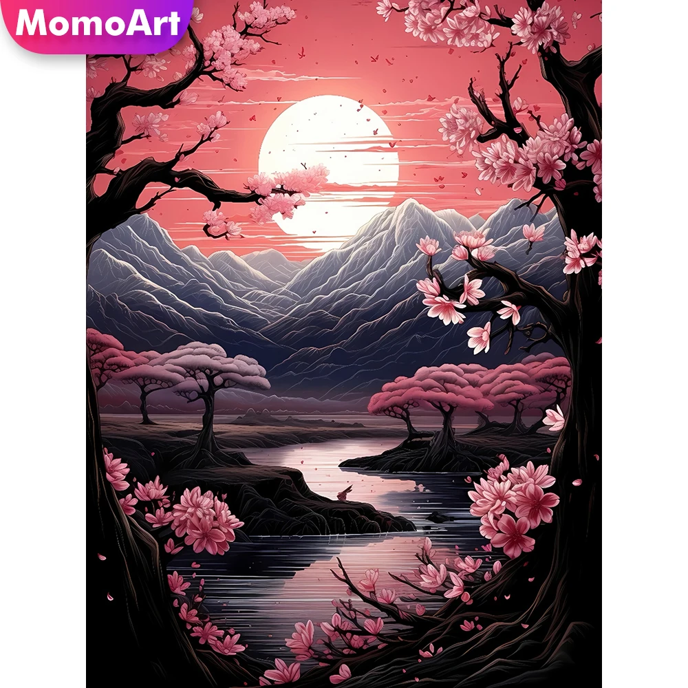 Momoart Diamant Stickerei Berg Fluss Landschaft DIY Malerei Sonnenuntergang Voll Platz Runde Diamant Mosaik Baum Handgemachte Hobby