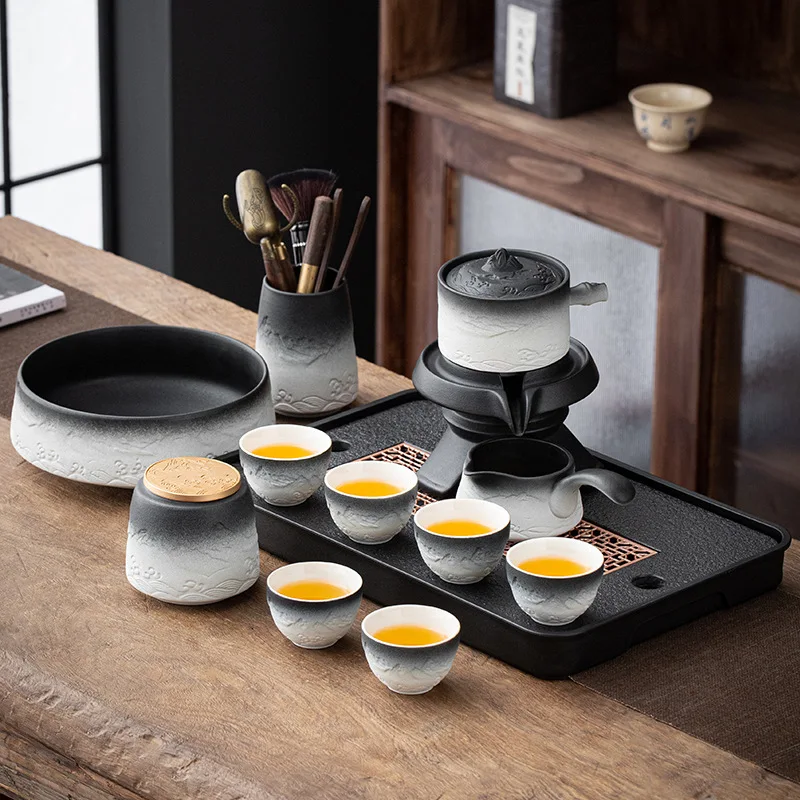 

High-grade kung fu automatic tea set lazy anti-ironing stone grinding tea infuser household ceramic teapot teacup