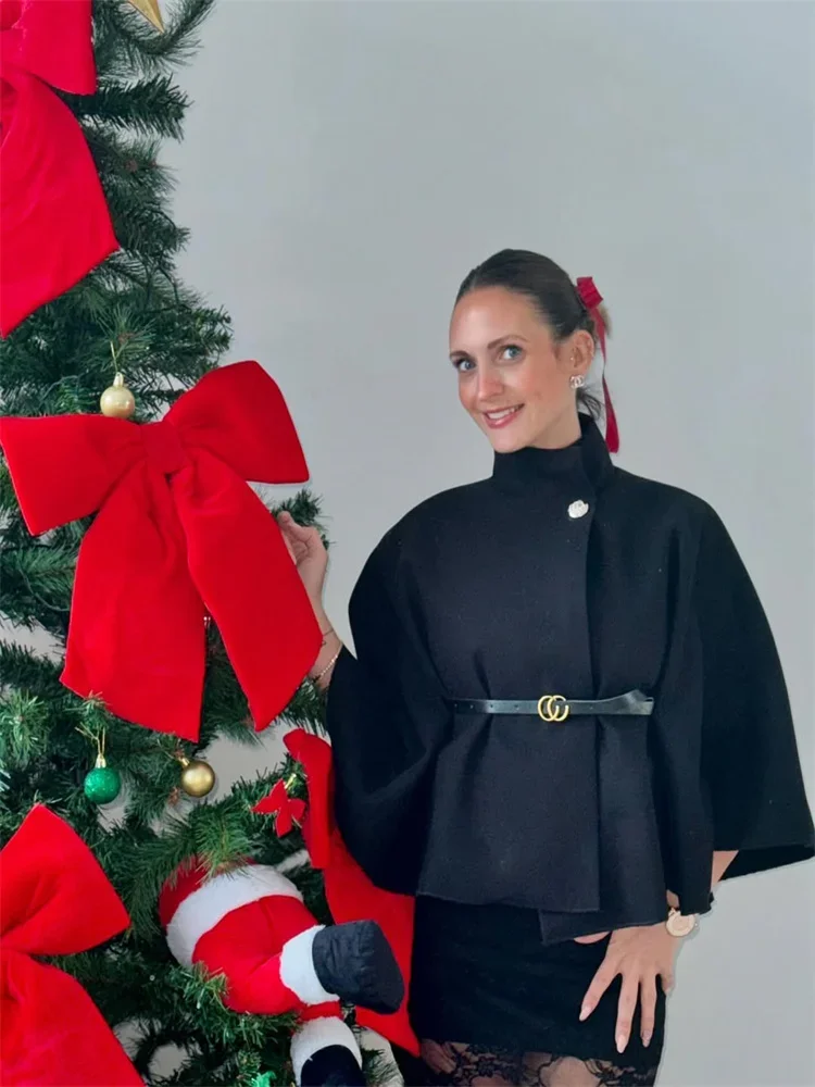 

One Button Belt Women's Poncho Stand Collar Oversize Full Sleeve Cloak Female 2025 Autumn Winter Fashion New Lady Streetwears