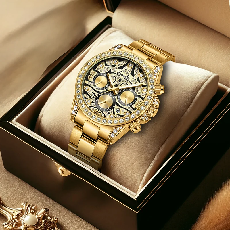 

Мужские модные роскошные высококачественные полностью звездные кварцевые часы с тремя глазами и гламурным золотым ремешком.