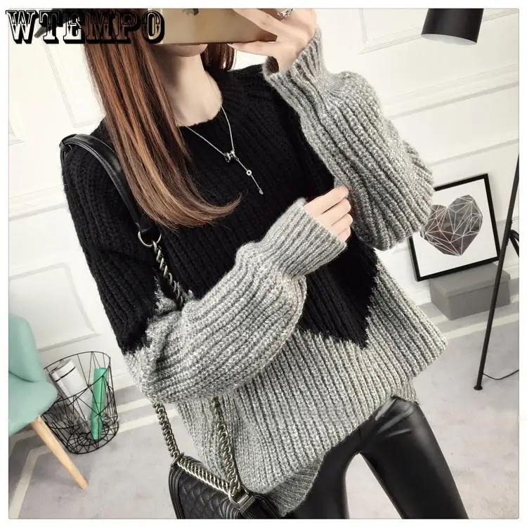 

Women Fall Winter Y2K Patchwork Thick Sweater Fashion Versatile Trend Pullover Long Sleeve Casual Elegant Knit Lady Tops