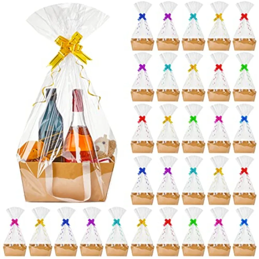 30 Cestas de Regalo Vacías para DIY, Kit de Cestas de Regalo al por Mayor con Asa, Bandeja de Cartón Kraft con 30 Bolsas y 30 Lazos, Bandeja de Mercado para Bodas