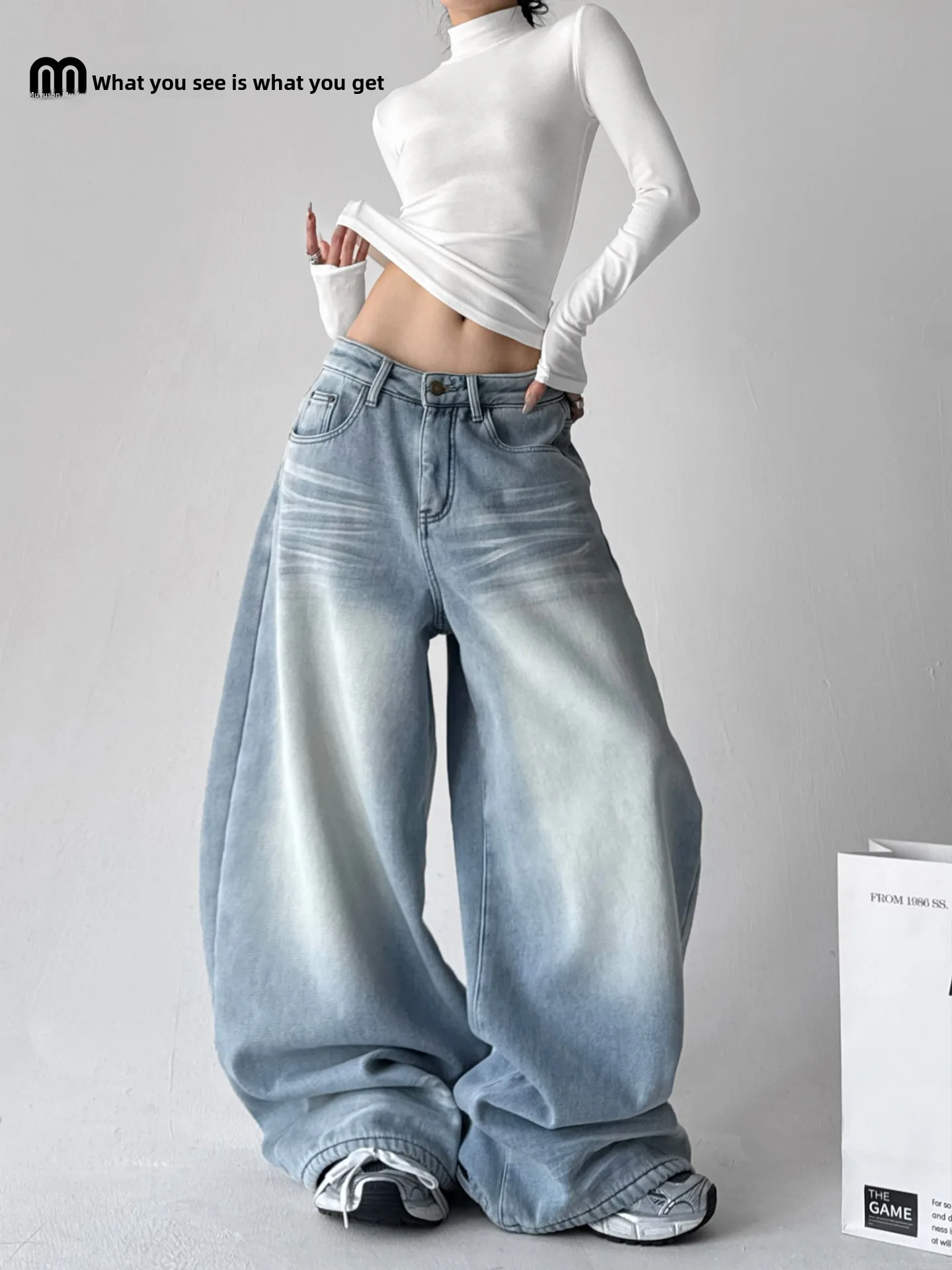 

Женские джинсы прямого кроя из светлого денима, новая зимняя модель, на флисовой подкладке, повседневные, свободные, широкие, в пол