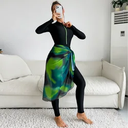 3PCS Women`s Modest Swimwear Long Sleeve Top with Green Gauze Burkini with SPF 50+ Fashionable Swimsuit set for Muslim Women
