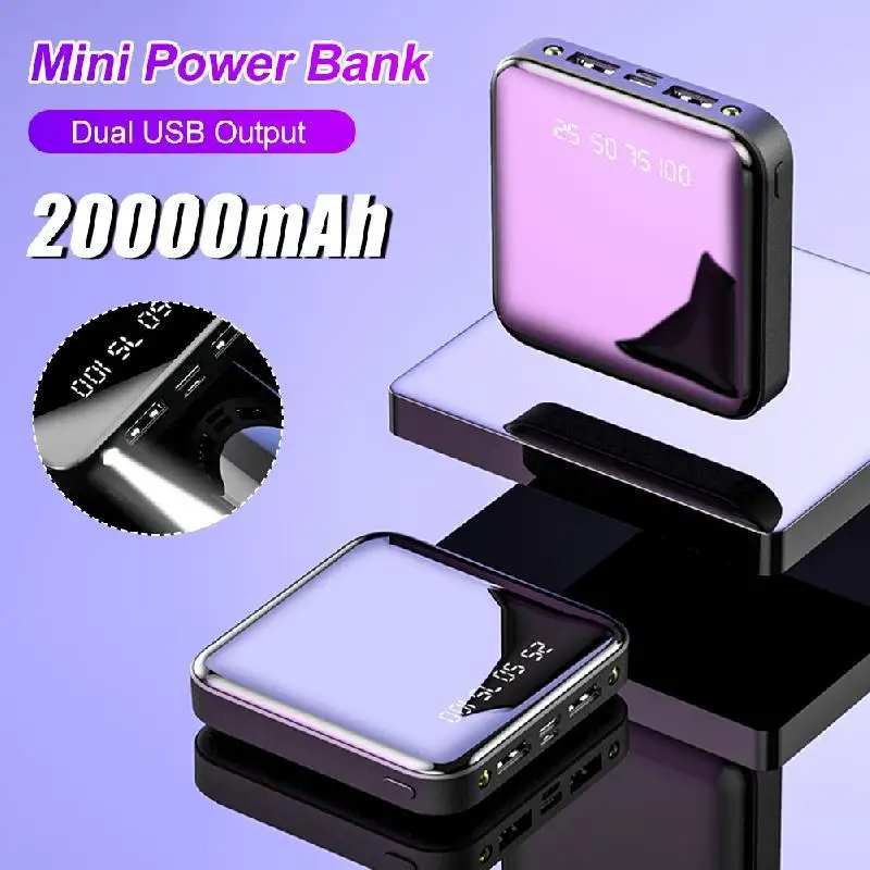 20000mAh Portable Power Bank With LED Flashlight Dual USB Digital Display Mirror Mini External Battery Pack For Travel Camping