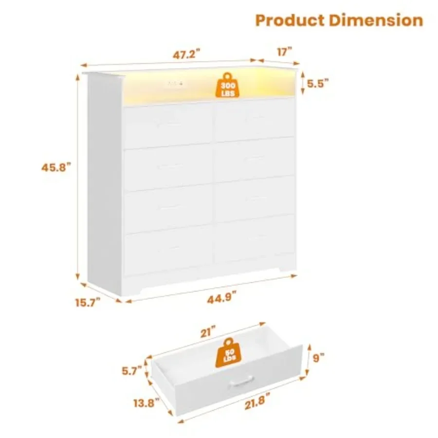 8 Drawer Dresser with LED Light and Charging Station for bedroom use, MDF wood material, white color, soft-close drawers and bu
