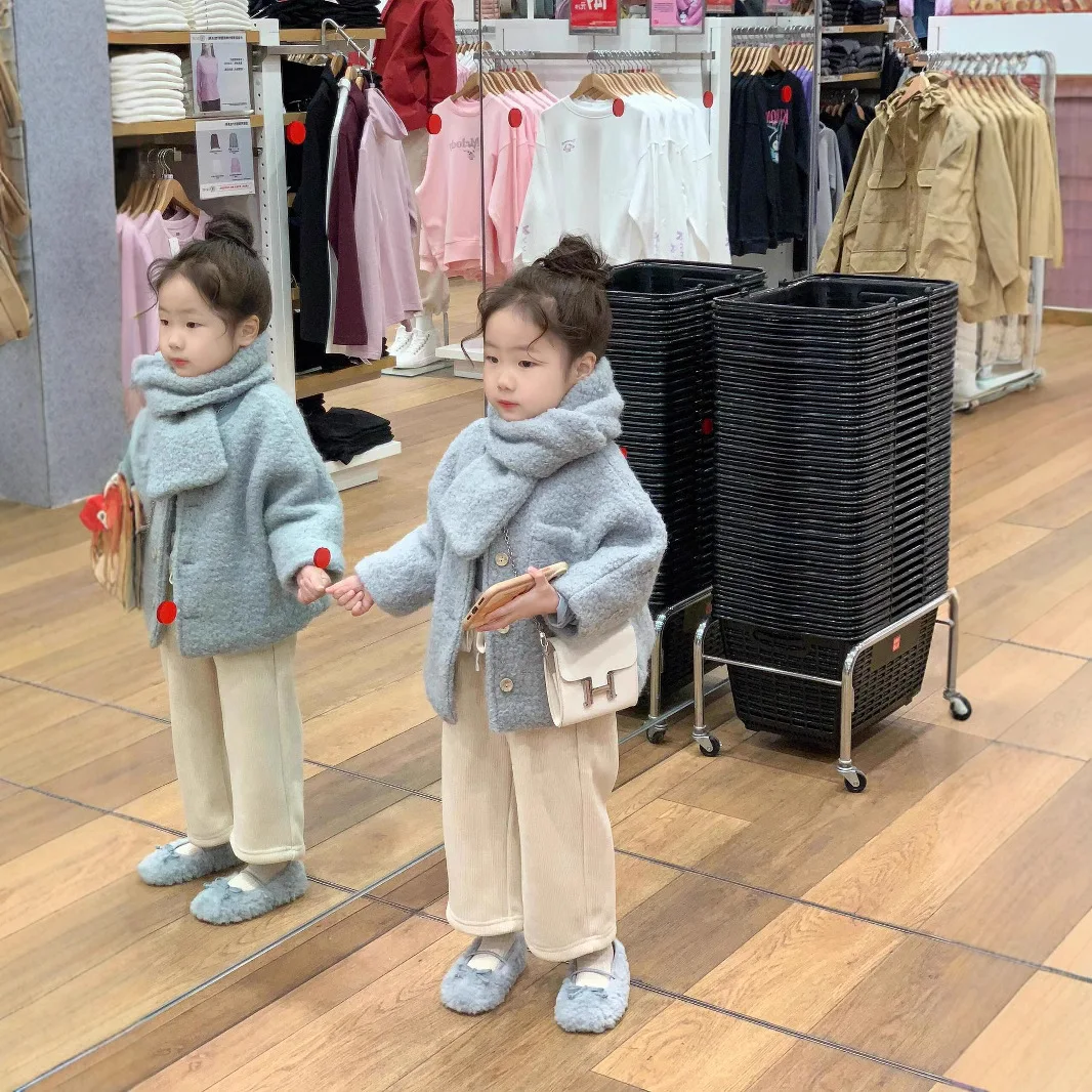 

Пальто для девочек, новинка 2024, зимняя детская одежда, плотное теплое модное синее пальто из ягненка для маленьких девочек, повседневное, простое и повседневное