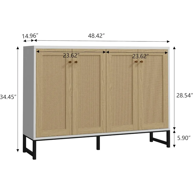 Dressoir Accent Opbergkast Met Rotan Versierd 4 Deuren Eetkamer Vrijstaande Keuken Buffet Tafelkast (Wit)