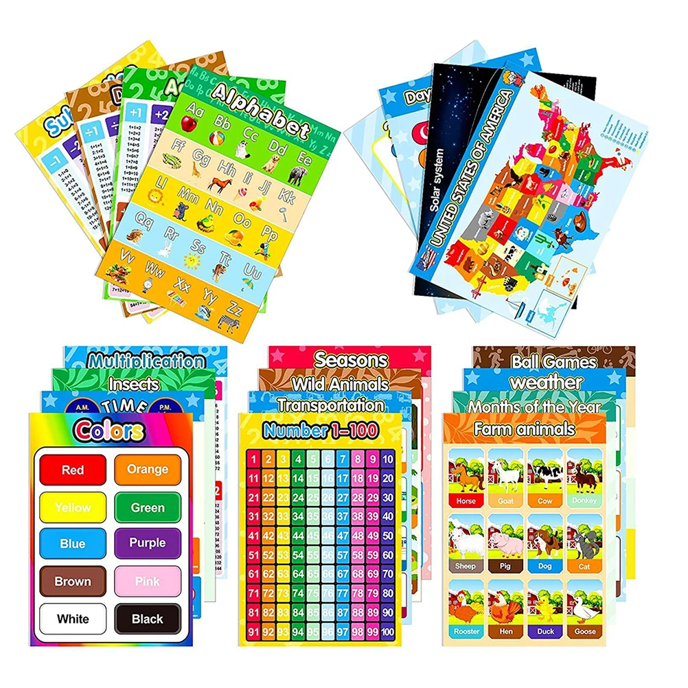 

16 Sheets Education Poster Preschool Learning Colors Numbers Shapes Classroom Wear resistant Cartoon Household Waterproof