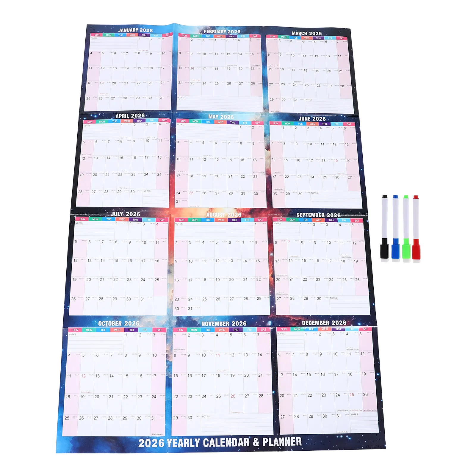 

1Set Family Calendar Wall 2026 Large Erasable Dry Erase Yearly Planner Double Sided Hanging Board for Home Office Organization