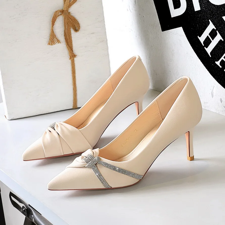 

Women's High Heels 2026 Shallow Mouth Pointed Water Diamond Bow High Heels Single Shoes Women's Shoes