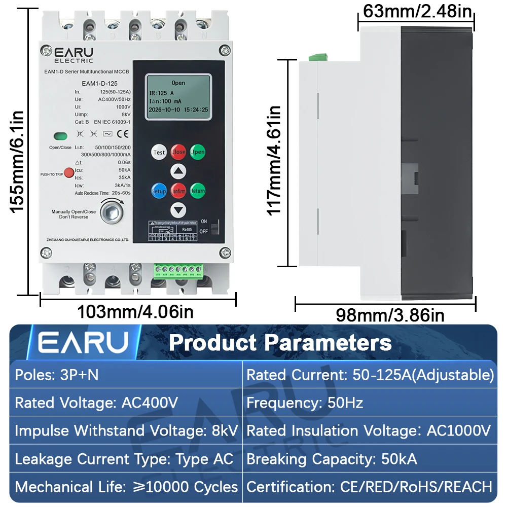 EARU 4P 125A RS485 Mutlifunctional MCB MCCB RCBO Recloser Over Under Voltage Current Protector Short Circuit Leakage Protection