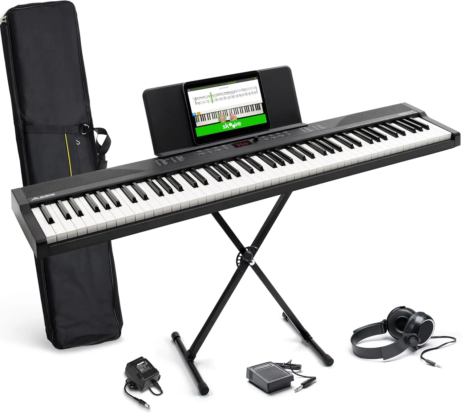 88 Key Keyboard Piano with 480 Sounds, Speakers, USB MIDI, Carry-Bag, Stand, Headphones, Pedal and Piano Lessons for Beginners