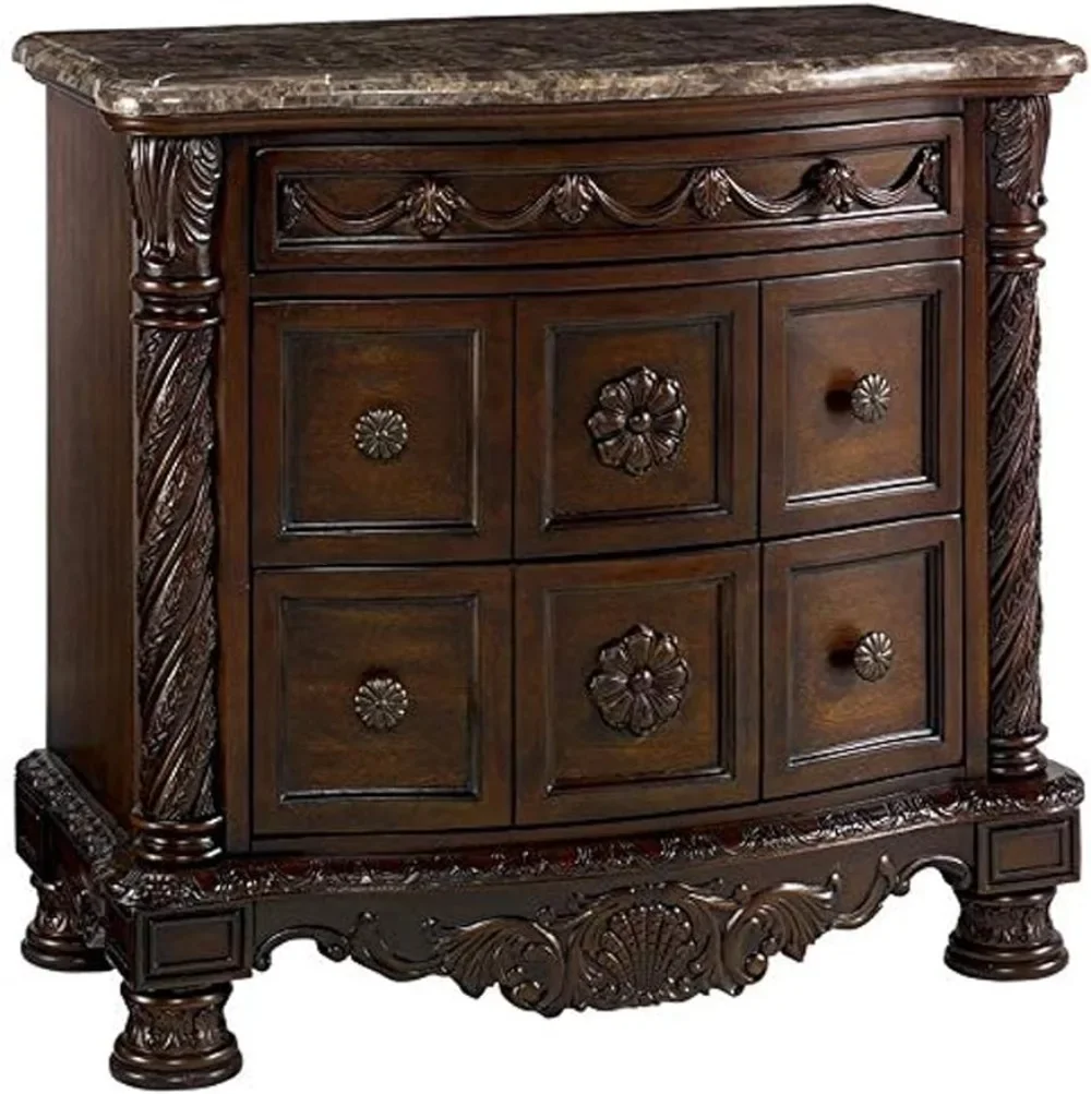 

North Shore Ornate 3 Drawer Nightstand with Marble Inlay Top Dark Brown Furniture Bedroom Bedside Table Bedroom Furniture