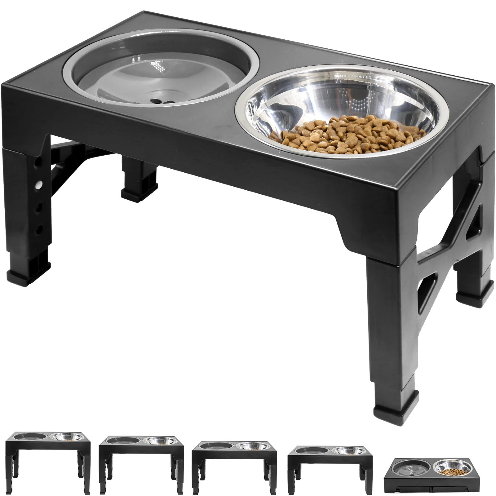 

5 Adjustable Heights Raised Dog Bowl Stand with 1 Stainless Steel Food & Dog Water Bowl, Dog Bowls for Large Dogs& Cats (Black)