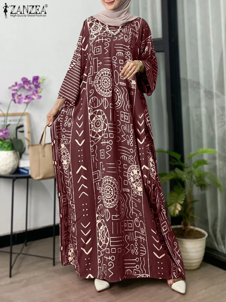 Women Muslim Fashion Dress Bohemain Printing Maxi Long Vestidos 2024 ZANZEA Dubai Robe Turkey Abaya Casual Long Sleeve Kaftan