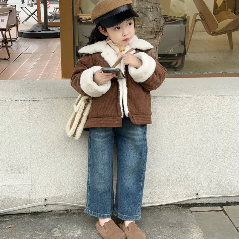 Girls Coat Corduroy Thick Velvet Warmth Single Breasted Top 2024 Autumn and Winter New Children Clothing