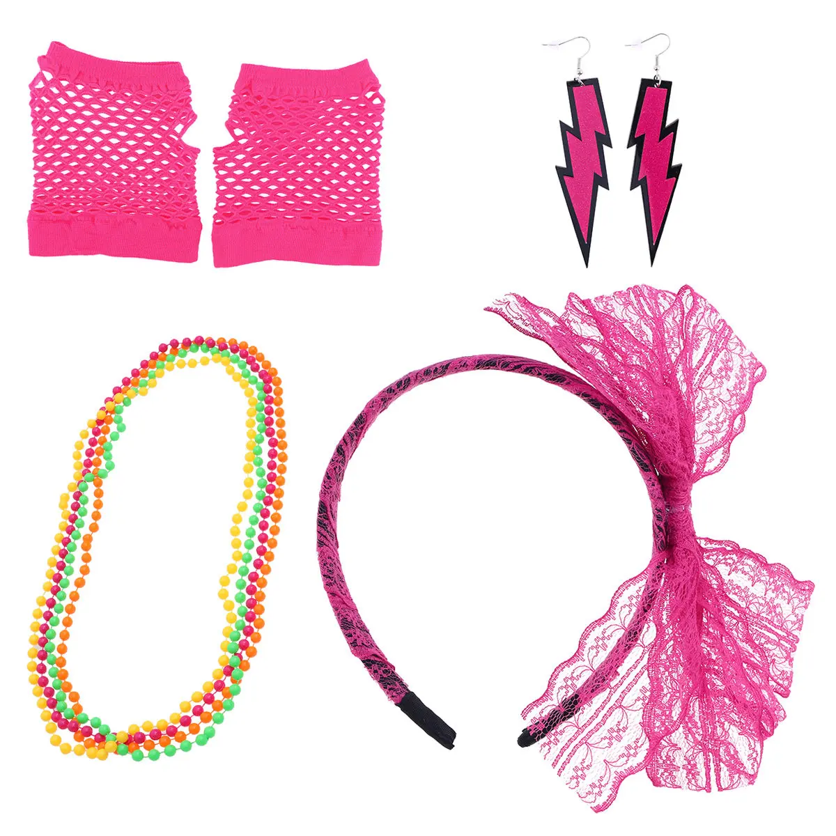 80S Style Costume Accessories Wide Lace Headband Bright Fishnet Gloves Ear Hook Earrings Matching Necklace for Cosplay