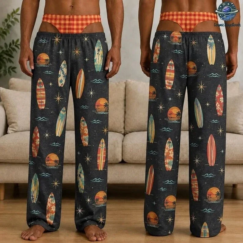 Funny Men Nautical Pajama Pants Sailboat Crab Anchor Sea Wave Print Fake Thong Cutout Elastic Waist Loose Wide Leg Trousers