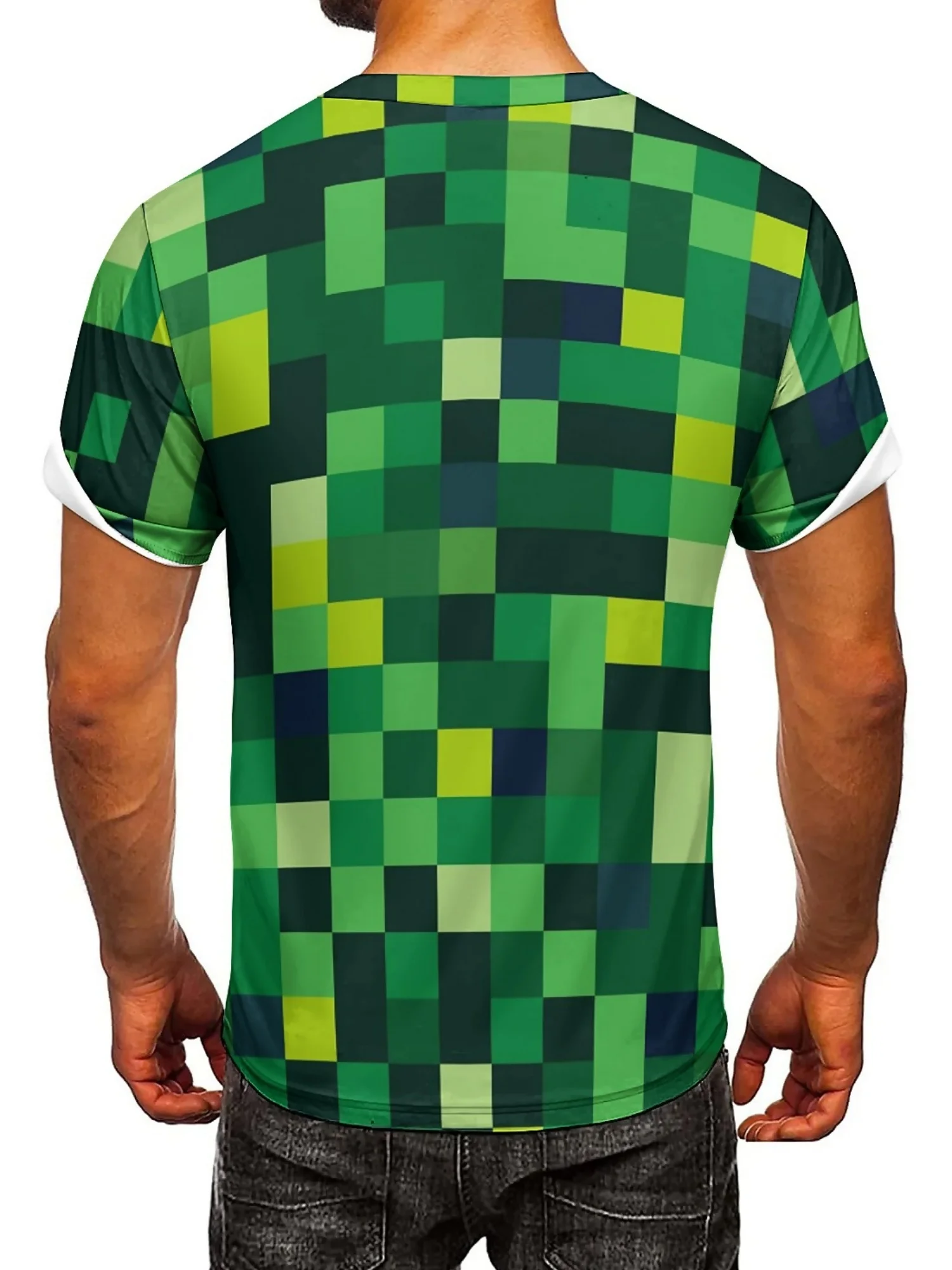 

Men'S 3D Pixelated Print Short Sleeve T-Shirt - Green & Black Geometric Design, Soft Polyester Fabric, Casual Crew Neck