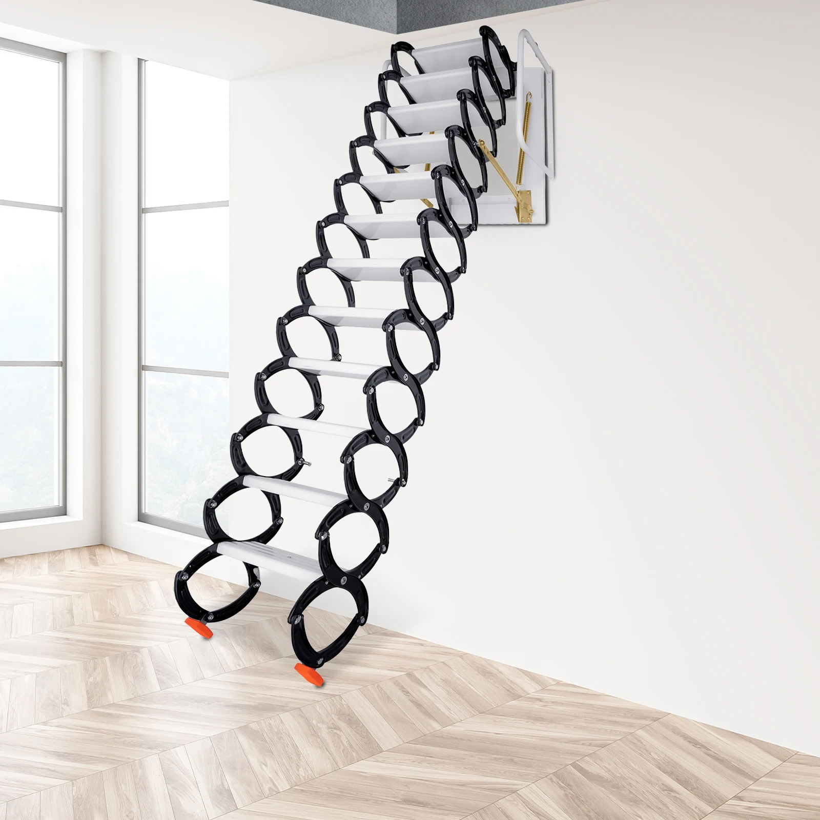 

12 Steps Folding Stairs Wall-Mounted Attic Ladder with Handrails,Maximum Load Capacity 880 Lbs,Attic Ladder Pull Down System