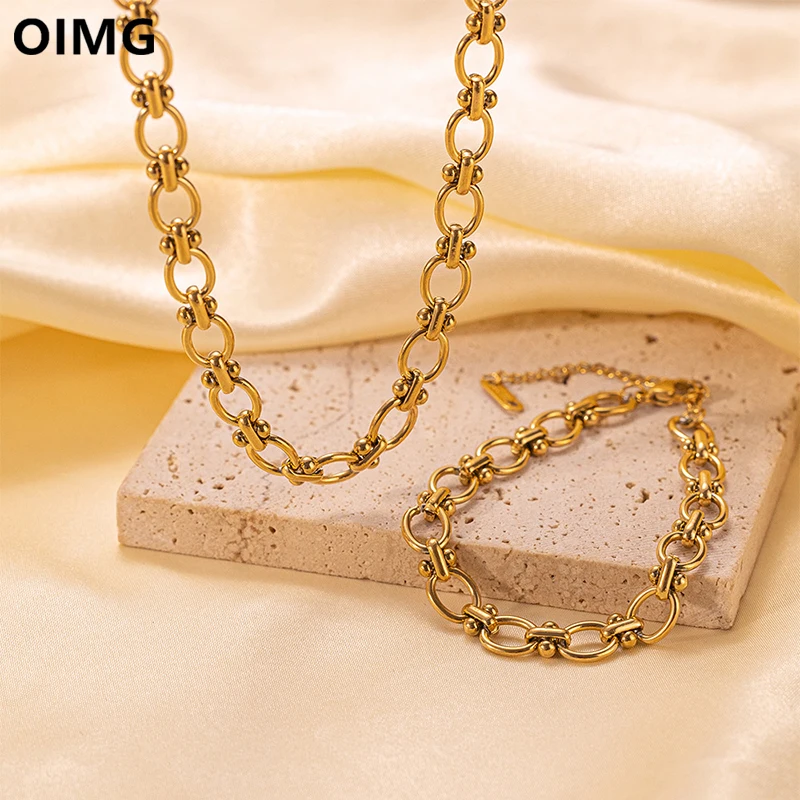 OIMG 316L Stainless Steel Gold Plated Punk Thick Oval Chain Bangle Bracelet Necklace For Women INS Trendy Jewelry Sets No Fading