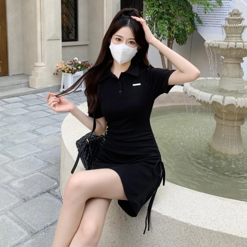 

Preppy Style Polo Neck Dresses Women Summer New Drawstring Waist Thin Dress Girls Solid Casual T Shirt Dress Female