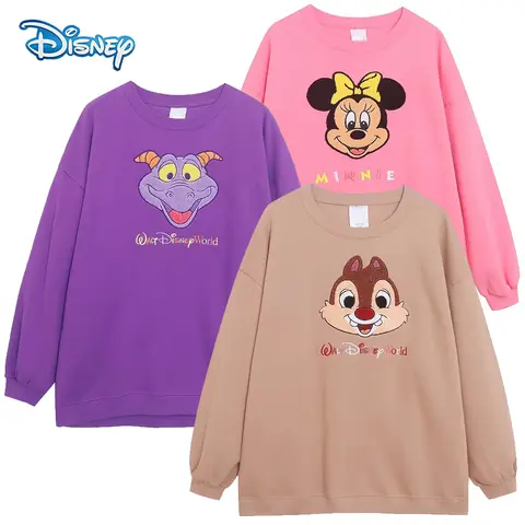 Disney World Letter Minnie Mouse Chip An' Dale Cartoon Print Embroidery Fleece Sweatshirt New Women O-Neck Pullover Jumper Tops