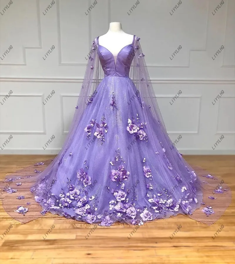 Lavanda 3d floral flores peras rendas a linha vestido de baile com capa fada a linha vestidos de noite formal vestido de festa personalizado