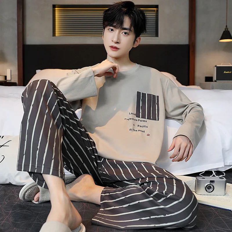 2 Sets of Men\'s Pajamas Homewear Boys Spring and Autumn Long-Sleeved Trousers Cotton Leisure Autumn and Winter Homewear Sets