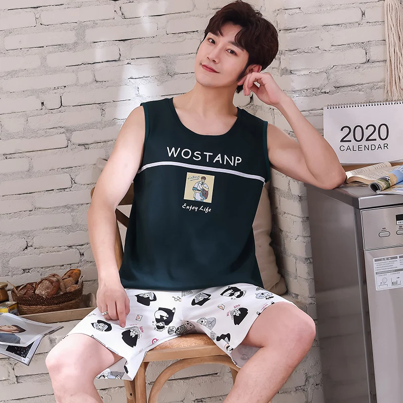 Print Male Sleepwear Pajamas for Men Summer Cotton Thin Men\'s Pijama Hombre Sets Causual Comfortable pyjama homme Shorts