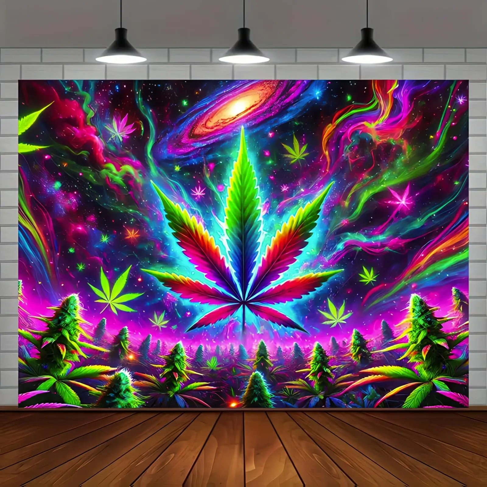 Neon Cosmic Leaf Tapestry: Vibrant, Psychedelic, and Fantastically Unique Wall Art for a Galactic Decor Statement