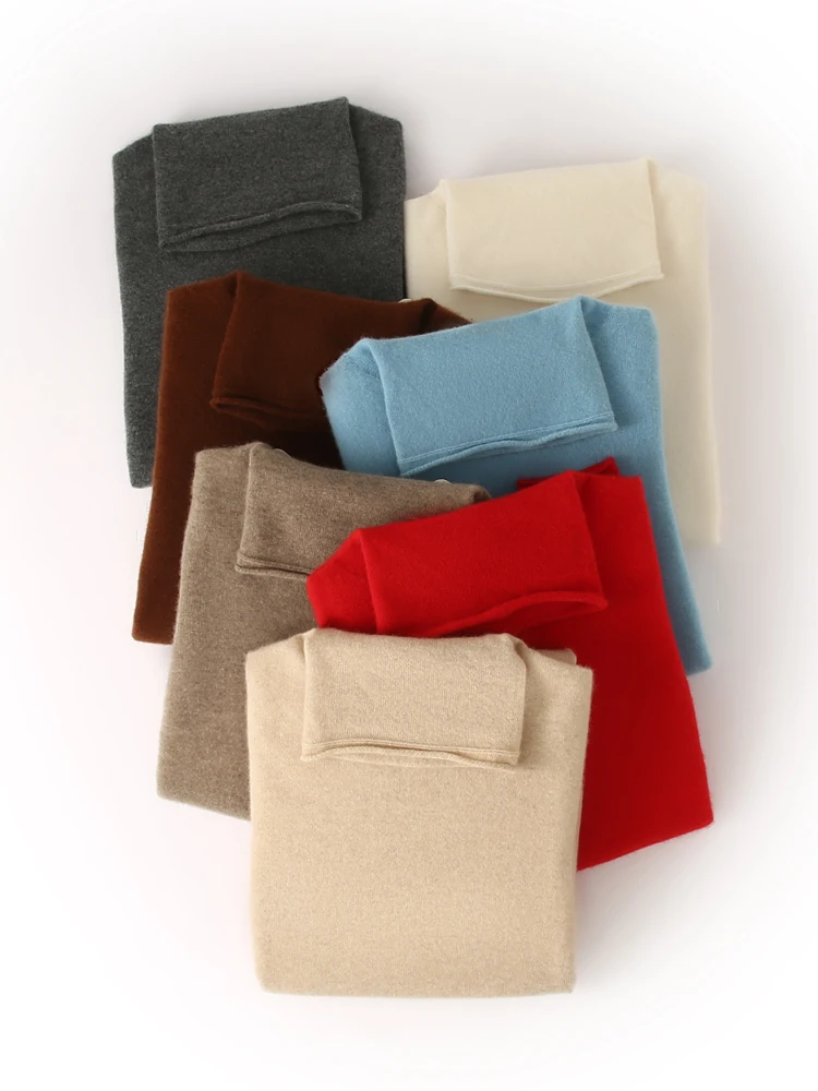 

100% Cashmere Women Sweater Autumn Winter Pullover Stacked neckline Soft Basic Long Sleeve Knitwear Female Cashmere Clothing Top