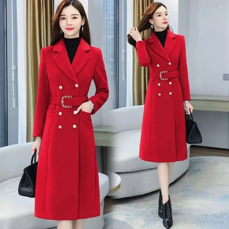 

New Womens Woolen Coat Long Autumn Winter Thick Warm Trench Coats Fashion Female Casual Woolen Coats Parker Overcoat Belt Lining