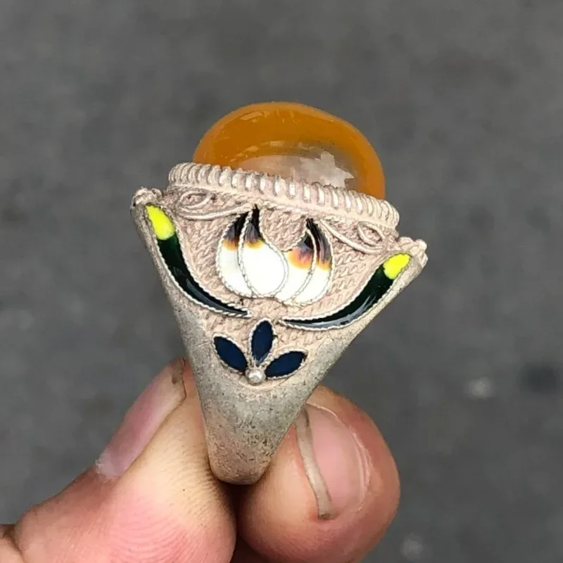 Vintage Cloisonne Thumb Ring, Old Silver Patina Brass Inlaid Yellow Gemstone Adjustable Open Unisex Collectible Jewelry
