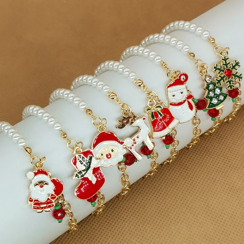 

Christmas Pearl Bracelet Jewelry Alloy Metal Tree Santa Snowman Elk Snowflake Bell Christmas Hand Chains Festival Gift