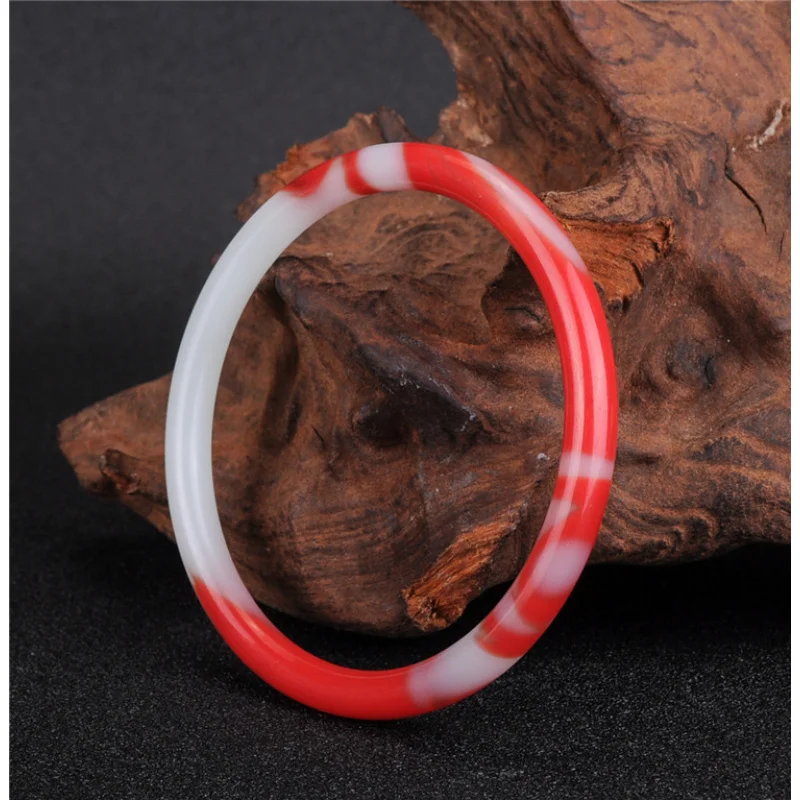 Xinjiang Hotan red and white , gold-threaded , chicken blood stone round style, thin jade bracelet, women'