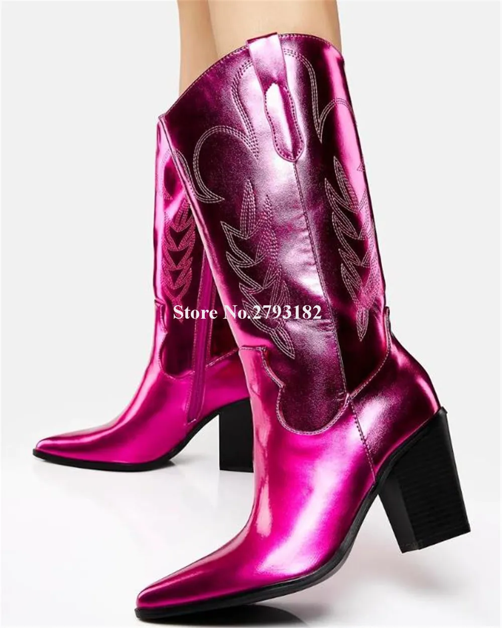 

Fashoin Pointed Toe Pink Blue Leather Chunky Heel Mid-calf Boots Slip-on Printed Thick Heel Western Long Boots