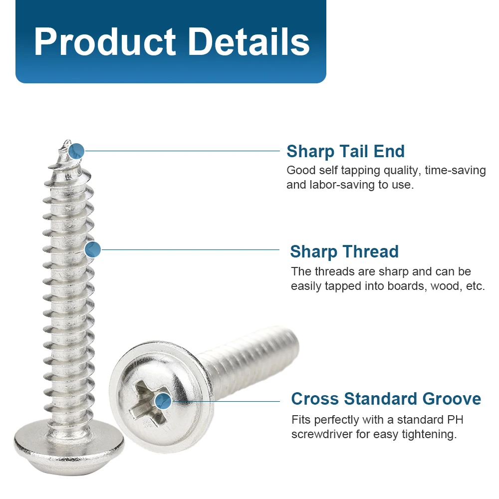 HOWSHENG-tornillo autorroscante de cabeza redonda cruzada con almohadilla, 20-200 piezas, M1.4, M1.7, M2, M2.6, M3, M4, M5, de acero inoxidable, PWA