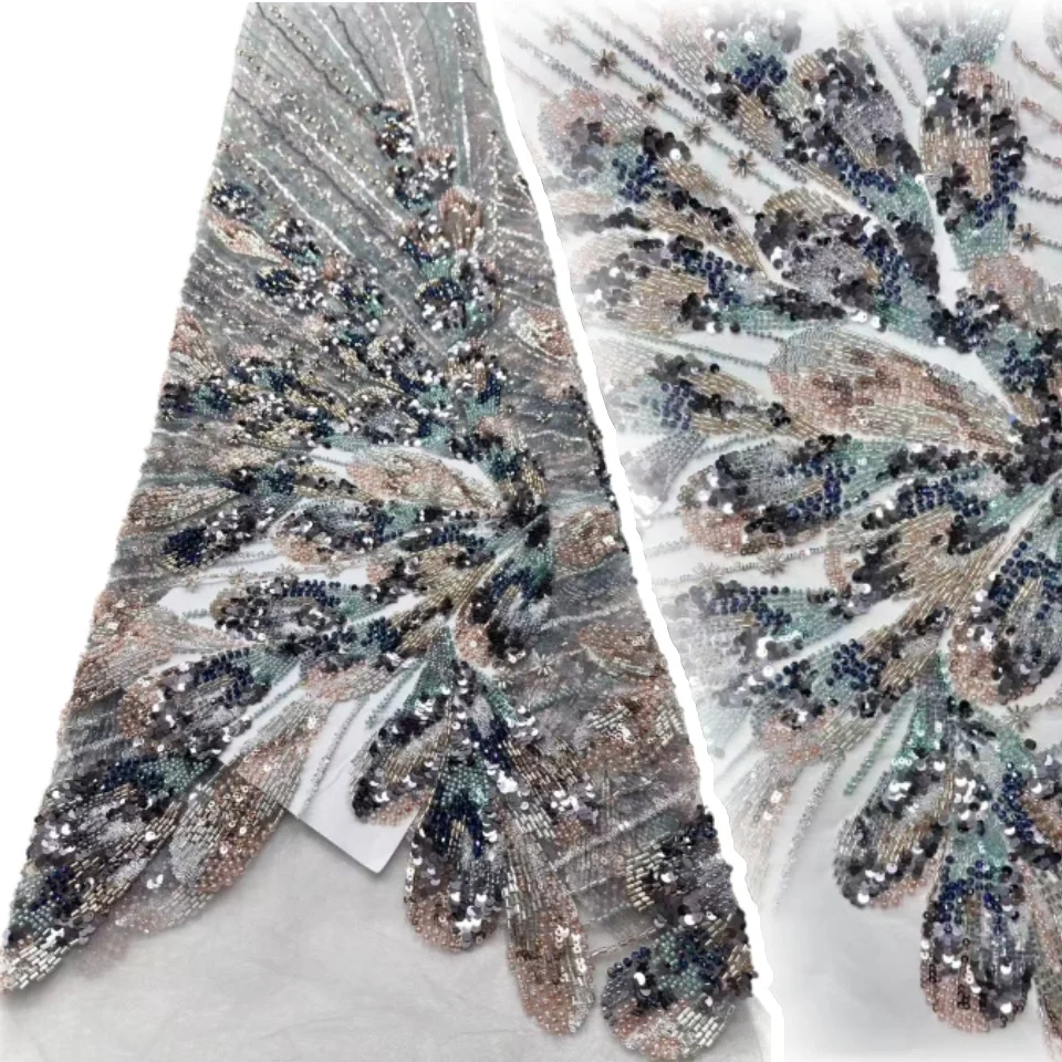 

African Handmade Heavy Beaded Mesh Lace Fabric 5 Yards Luxury French Sequin Lace Fabric for Women's Party Dress Sewing TP1425
