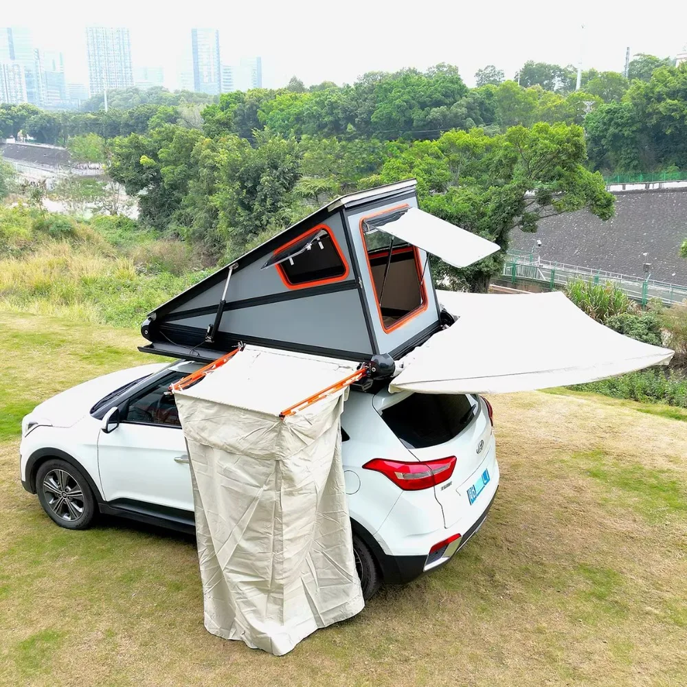 Black Roof Top Tent Triangle Off Road Outdoor Hard Rooftop Tents Waterproof Camping Hiking Foldable Roof Top Tent with Awning