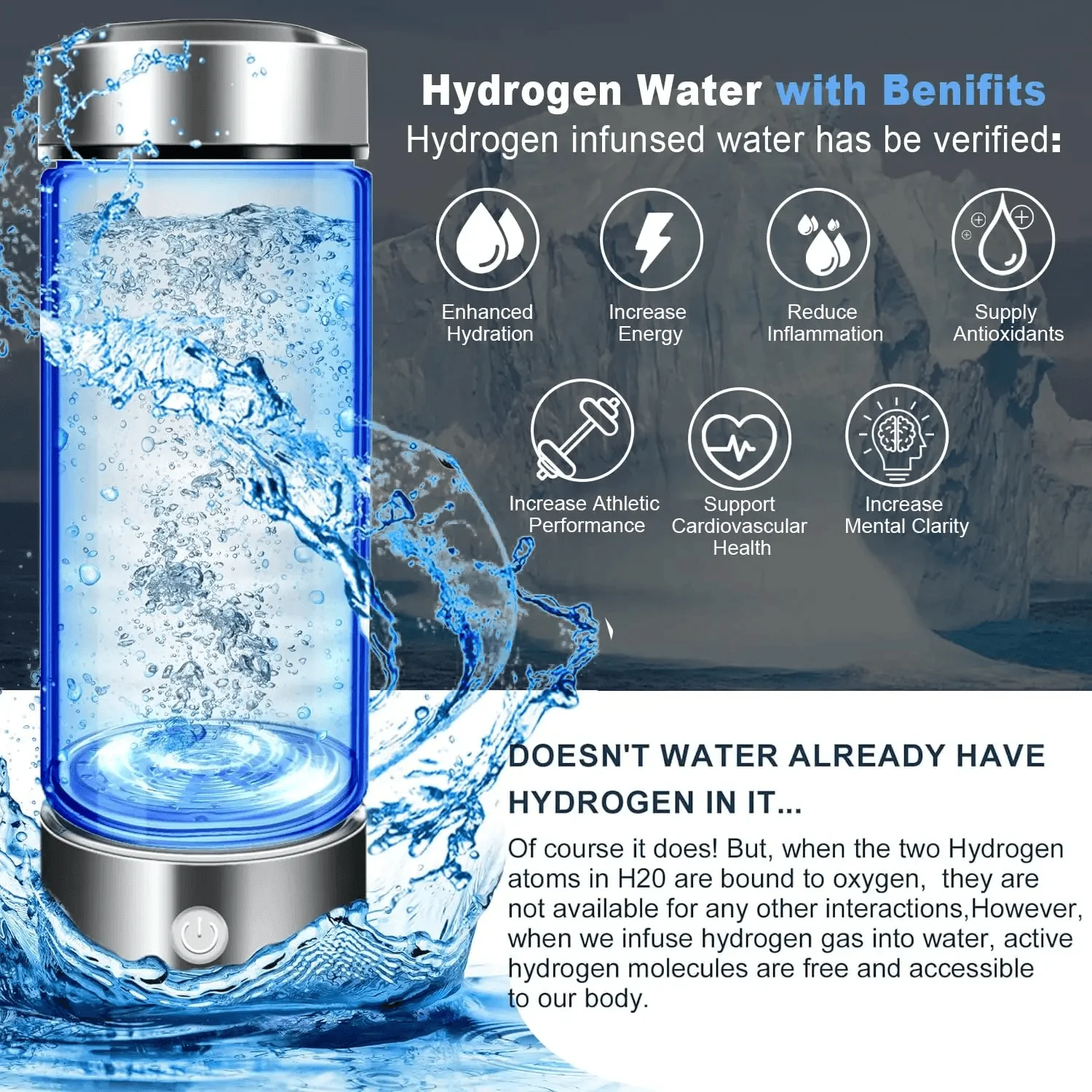 Hydrogen Water Bottle Portable Rechargeable Hydrogen Water Bottle Generator with SPE and PEM Technology HYDROGEN WATER