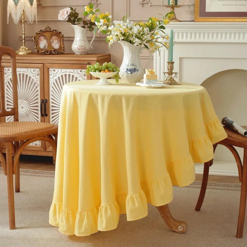 Solid Color Round Tablecloth Washed Cotton Ruffled Edge Table Cover for Dining Coffee Table Kitchen Wedding Party 100/180/230cm