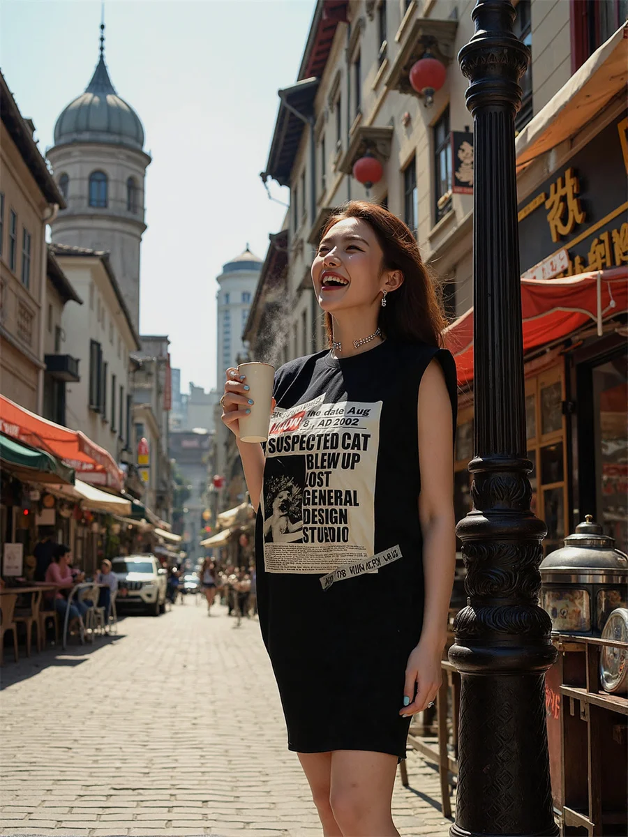 여성용 드레스 하라주쿠 트렌드 블랙 아플리케 테크웨어 헐렁한 네온 샤이니 매트 글로시 컬러 블록 다채로운 기하학적 추상화