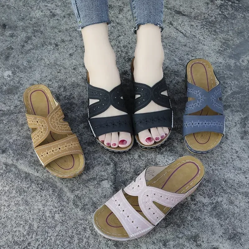 2024 New Summer Women Wedge Sandals Premium Orthopedic Open Toe Sandals Vintage Leather Casual Female Platform Retro Shoes