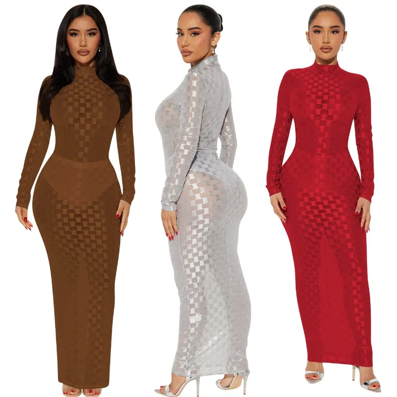 Sexy Mode Mesh Plaid Doorzichtig Lange Jurk 2023 Herfst Lange Mouw Halve Kraag Bodycon Vestidos Party Club Streetwear