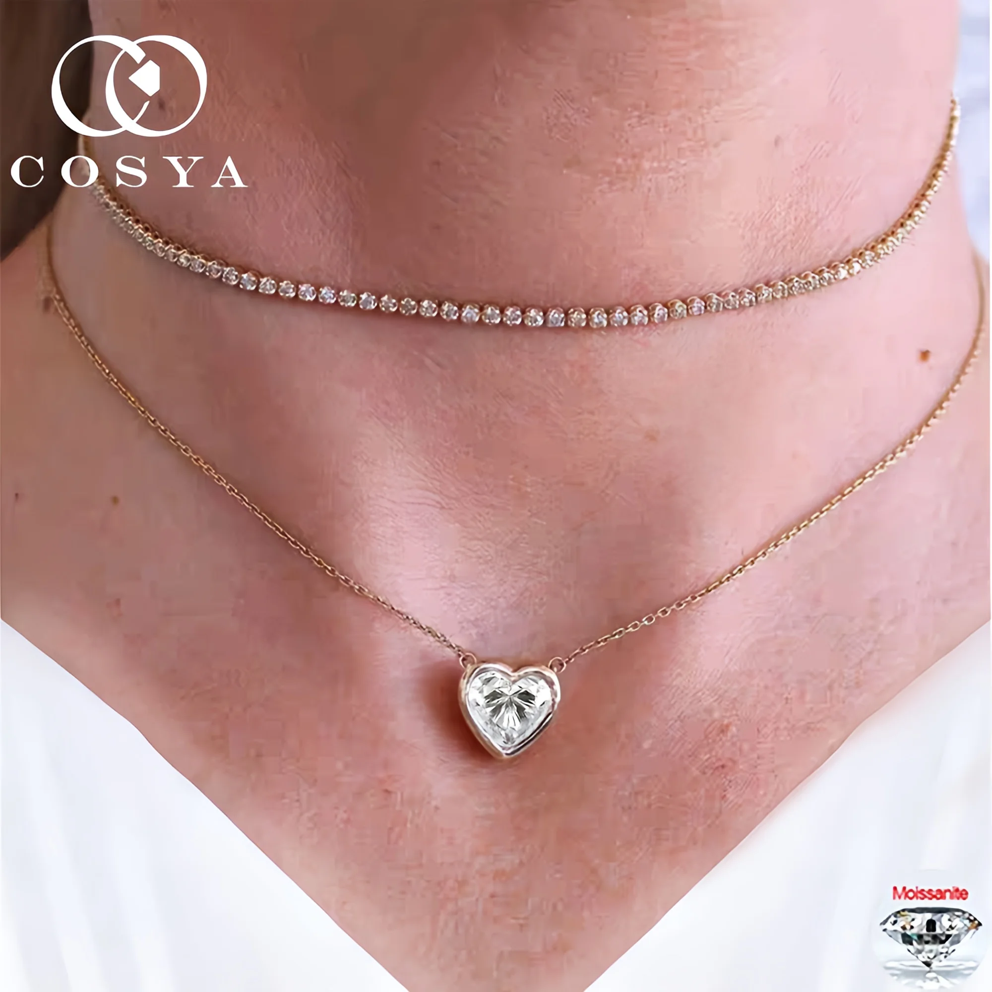 

COSYA 2CT 8MM Heart Moissanite Pendant Necklace For Women Plated 18K Gold 925 Silver D Lab Diamond Stackable Chain Jewelry Gift