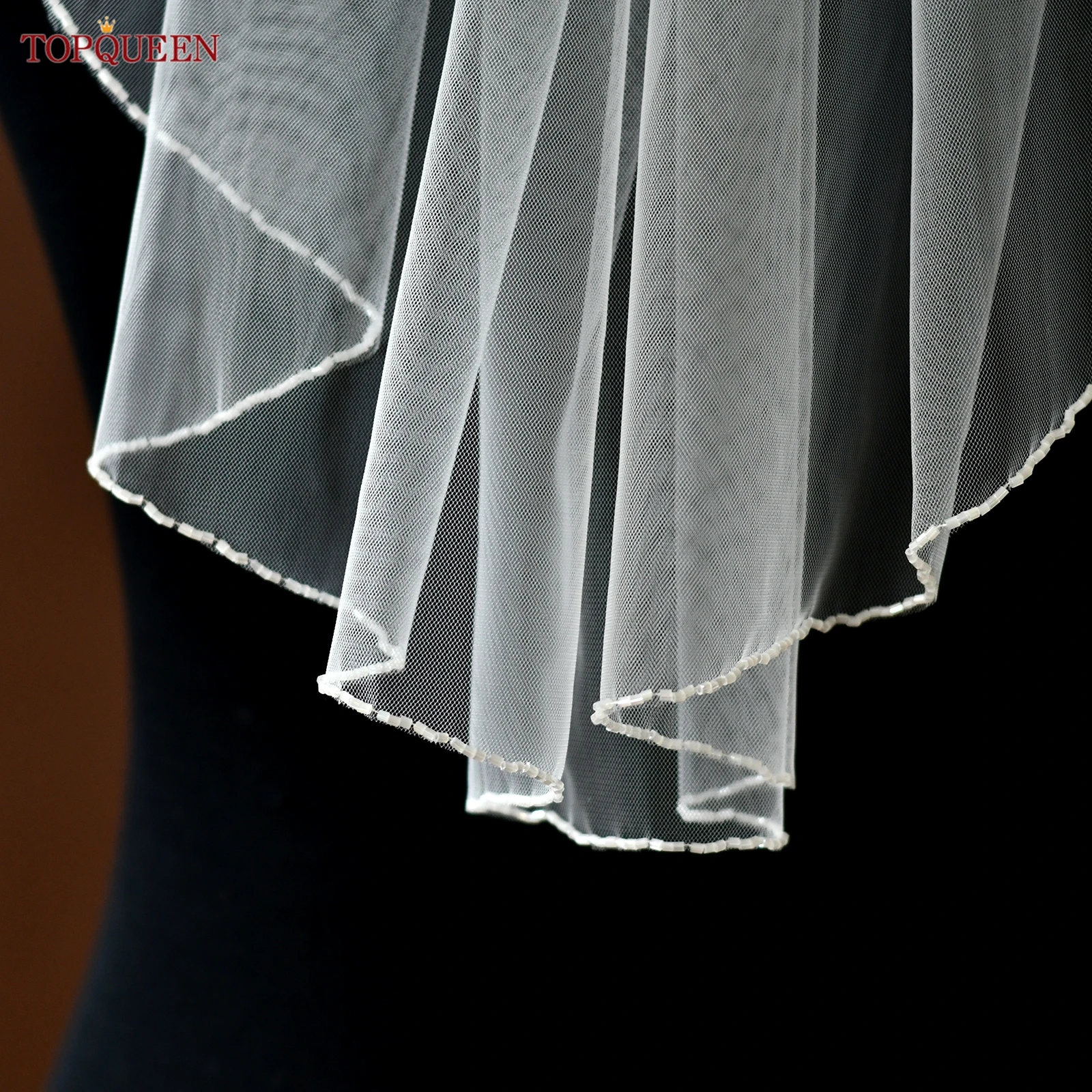 

TOPQUEEN V309 Короткая фата со стразами и бисером, свадебная фата с краями из бисера, 1-слойная супермягкая фата, настраиваемая