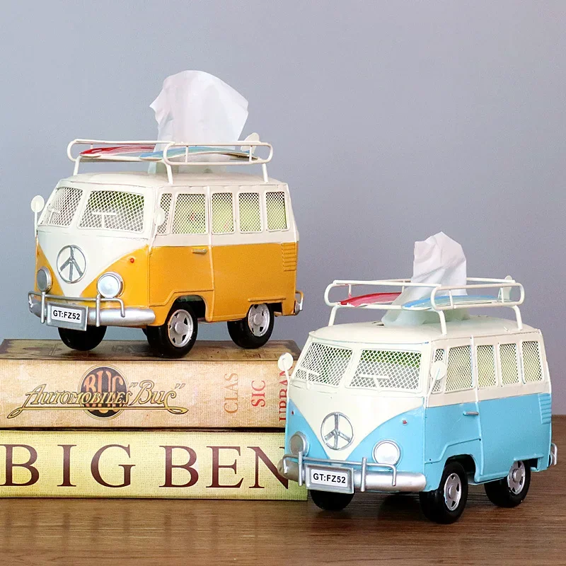 Bus Tissue Box Model Figurines Retro Car Tissue Dustproof Tissue Storage Box For Office Home Decoration Paper For Storage
